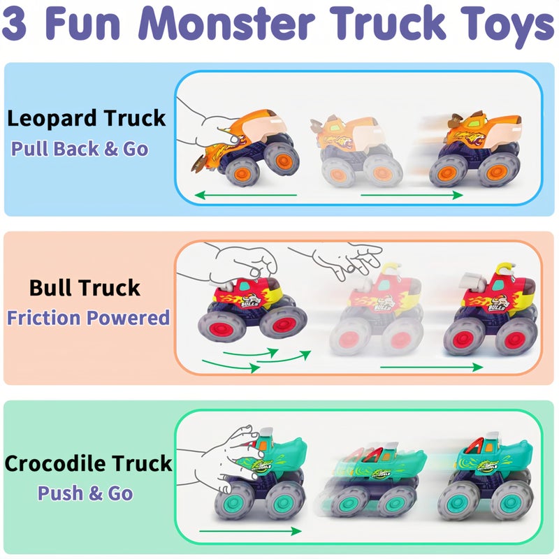 MOONTOY سيارات موونتوي للأطفال من 1-3 سنوات، 3 عبوات من ألعاب الشاحنات الوحشية هدايا للأولاد من 1 2 3 سنوات، سيارة ألعاب حيوانات للأطفال دفع وسحب شاحنة للأطفال من 12-18 شهر 2-4 0-2 1-2 هدية عيد ميلاد الأول 1 - Image 3
